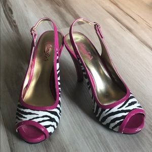 Zebra and Pink Peep Toe Slingback’s Size 8